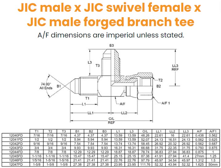 7/16 JIC M/F/M Forged Tee Hydraulic Adaptor